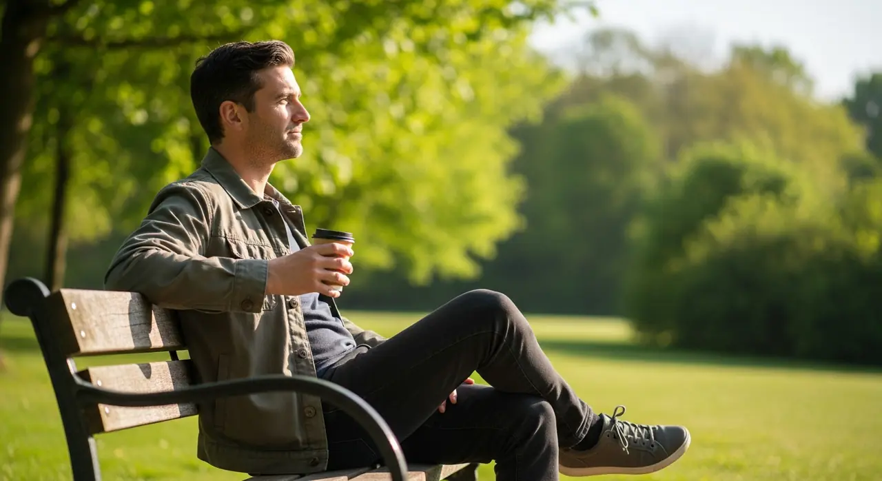 A man sitting peacefully on a park bench on a clear morning — life without the pull