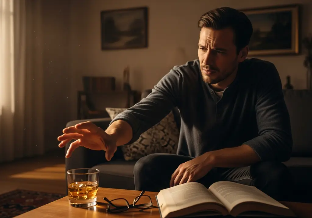 Person looking at a drink with tension — alcohol cravings hypnotherapy