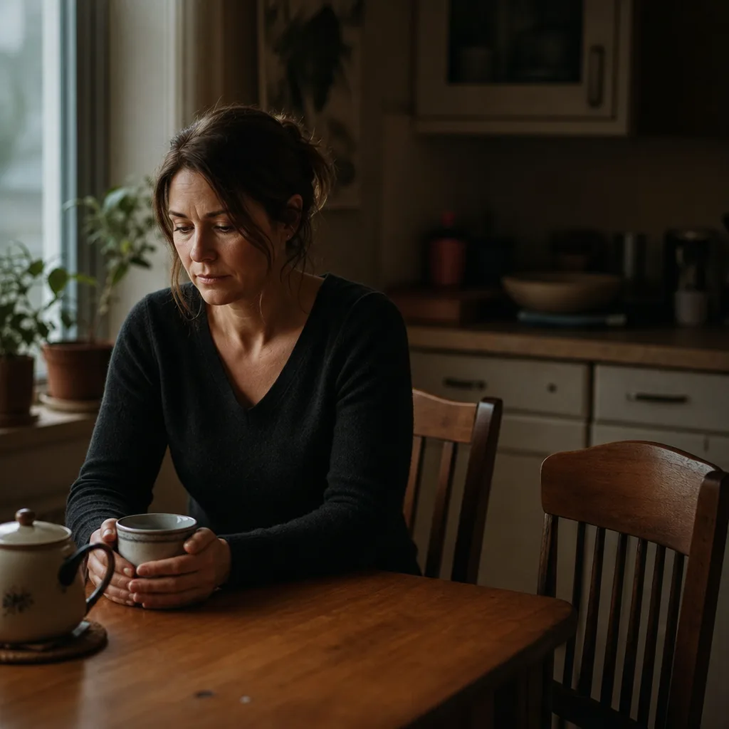 A woman sitting alone at a kitchen table in the early evening, holding a cup of tea — the quiet weight of waiting