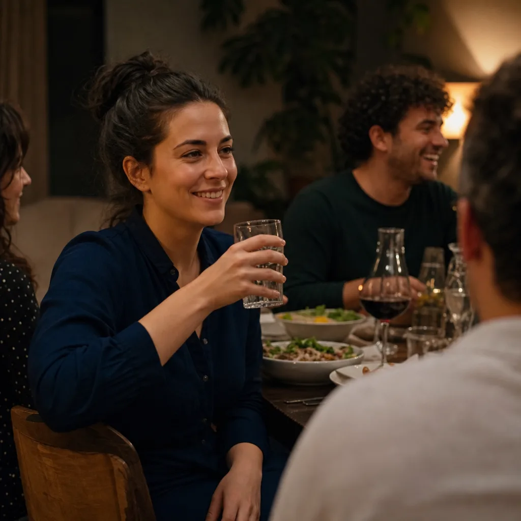 A social gathering where one person is relaxed with a soft drink in hand