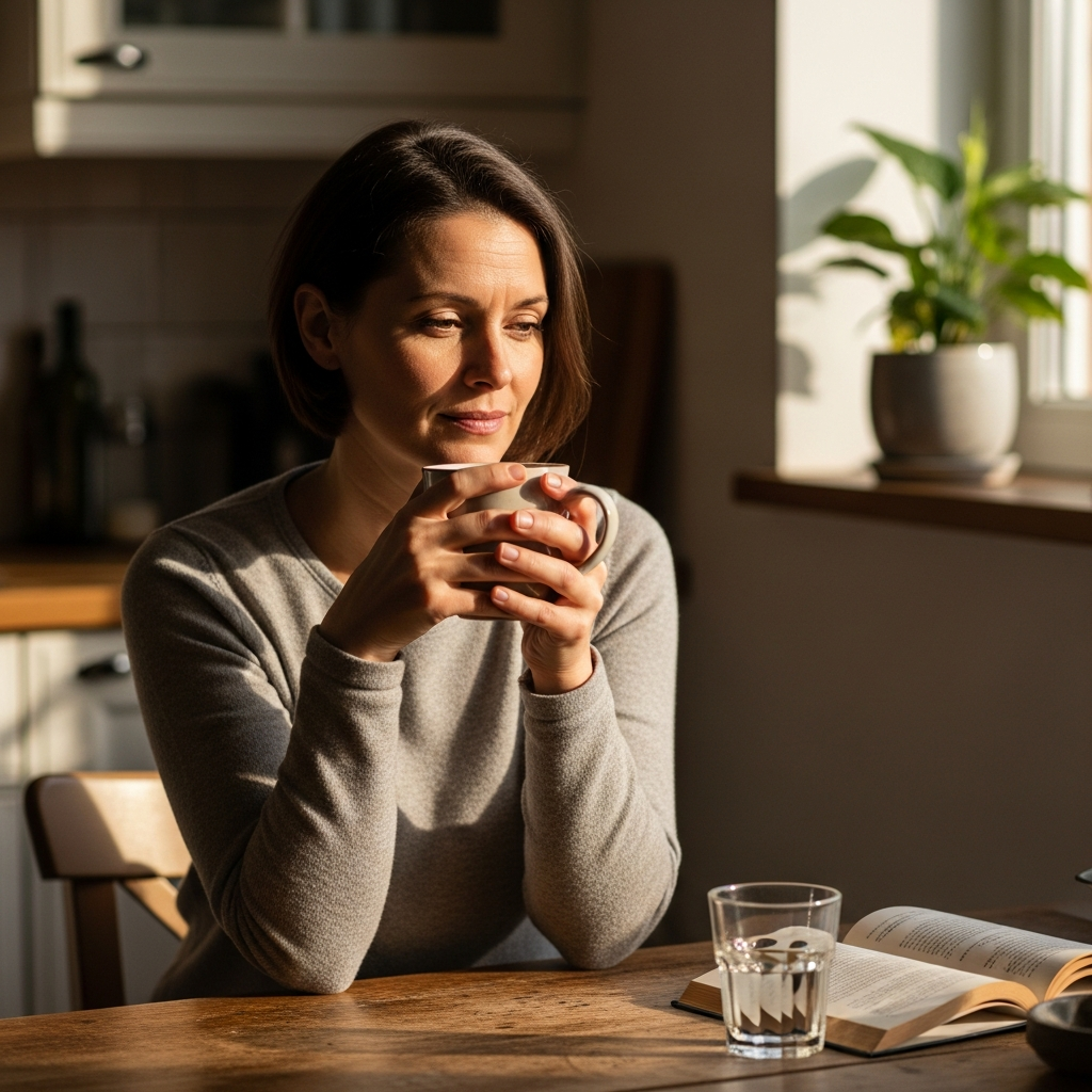Thoughtful woman in her thirties reflecting on her recovery journey.