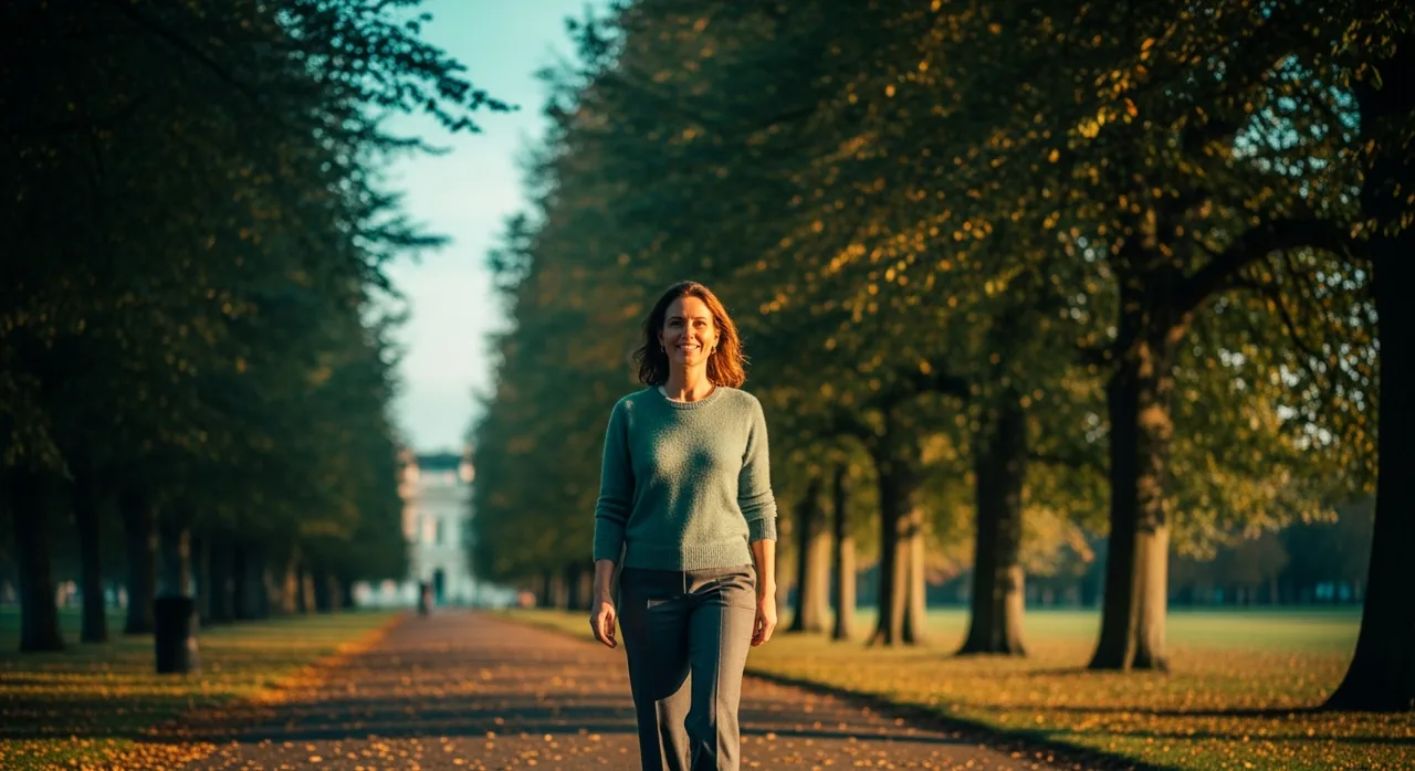 A woman walking calmly through an elegant tree-lined park near Ascot, relaxed and genuinely free