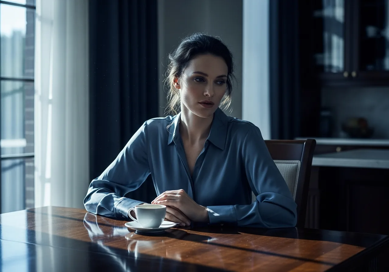 A woman sitting alone at a polished kitchen table early morning, tired and privately overwhelmed despite her composed appearance