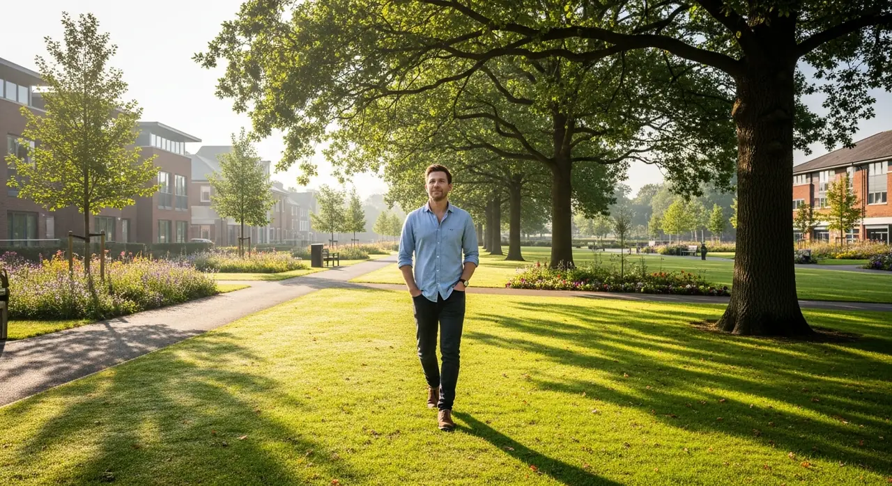 A man walking confidently through a town centre park near Basingstoke in soft morning light, relaxed and genuinely free