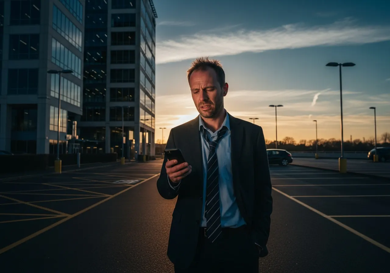 A man standing alone in a corporate office car park at dusk near Basingstoke, tie loosened, looking drained and overwhelmed