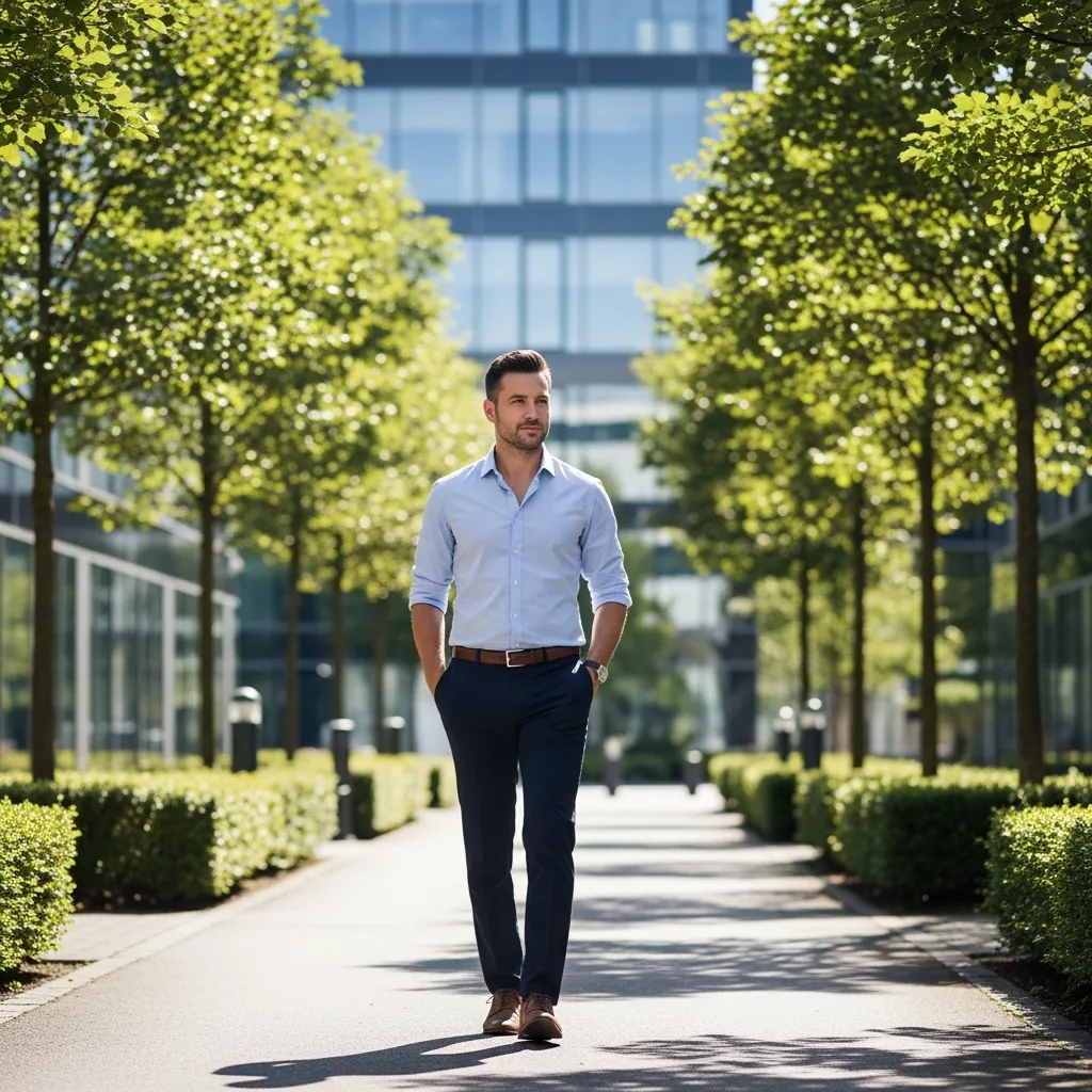 A man walking calmly near Bracknell's business parks, clear-headed and genuinely free