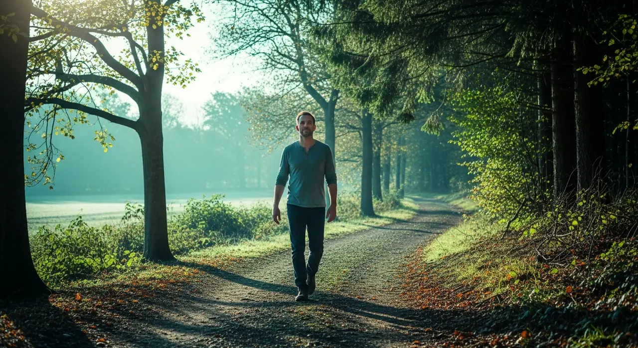 A man walking confidently along a woodland path near Camberley, clear-headed and genuinely free