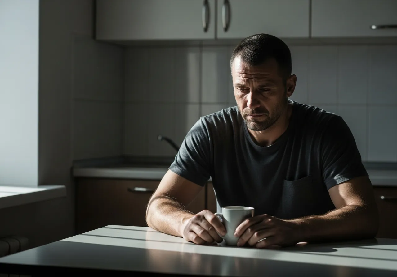A man sitting alone at a plain kitchen table early morning, tired and privately overwhelmed despite his capable, self-reliant appearance