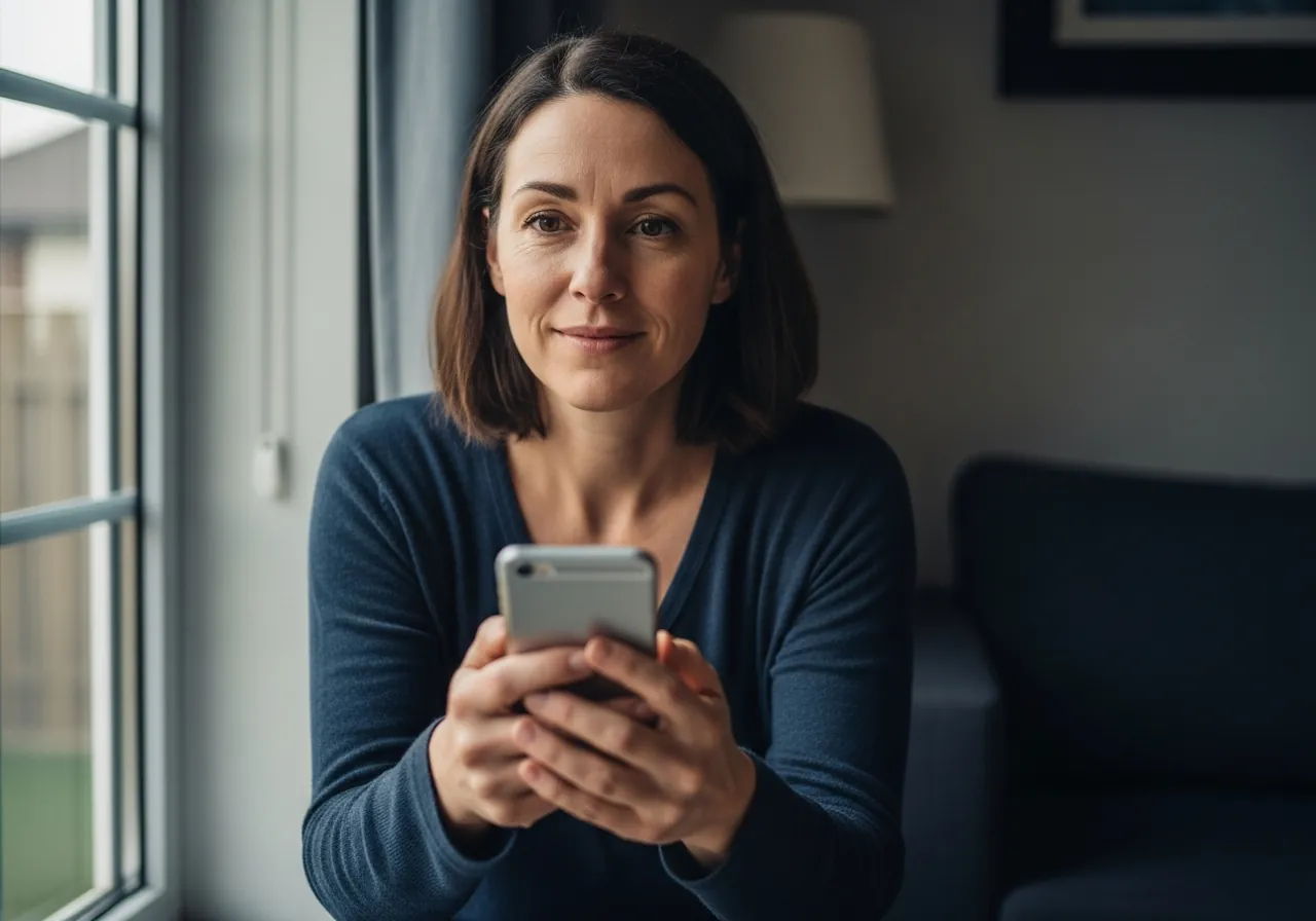 A woman in her mid-thirties at home in warm daylight, calm and quietly hopeful, holding her phone as she reaches out for support.