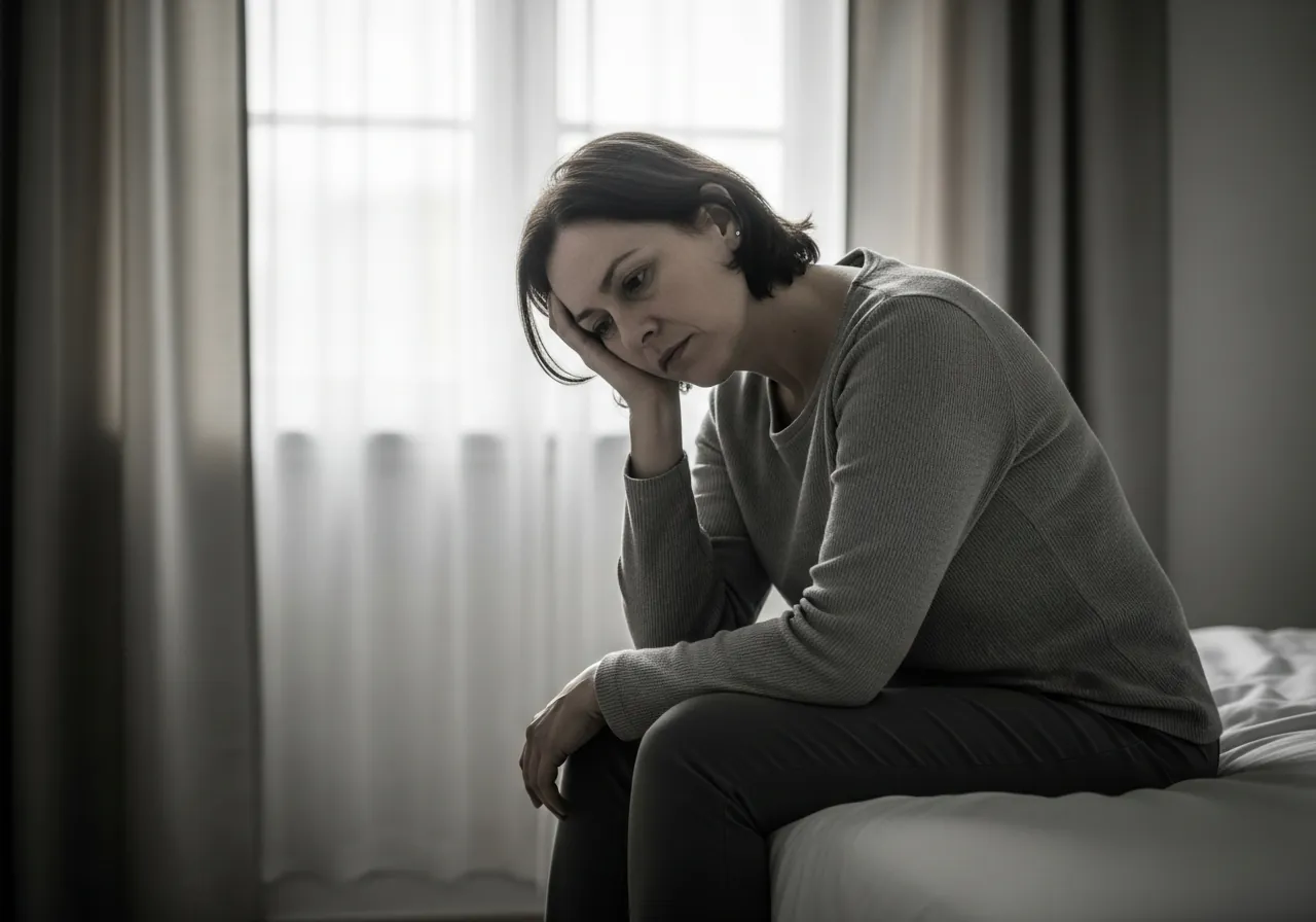 A woman in her mid-thirties sitting on the edge of her bed in early-morning light, head in her hand, looking exhausted and regretful.