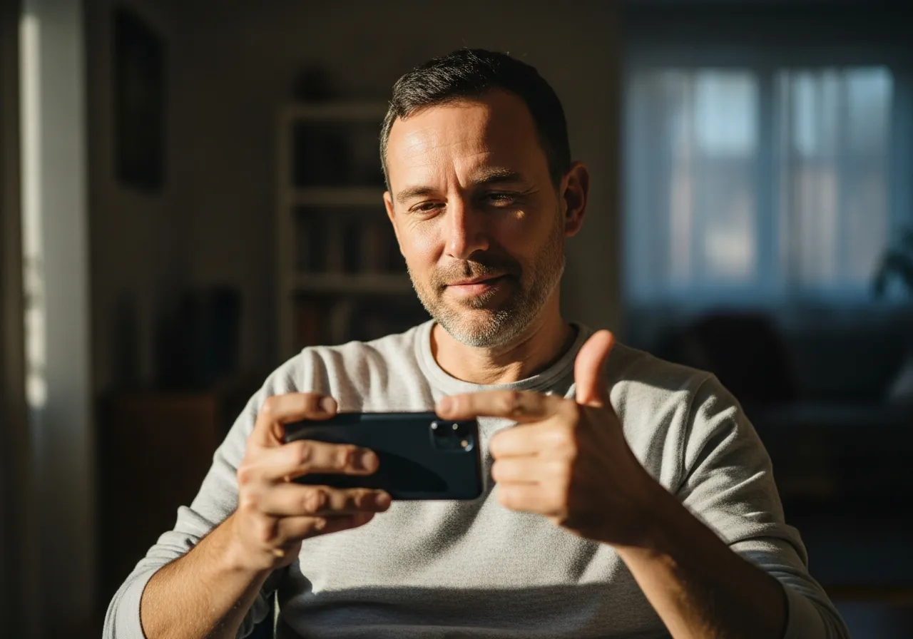 A man in his late thirties at home in warm daylight, relaxed and quietly hopeful, holding a phone as he reaches out for support.
