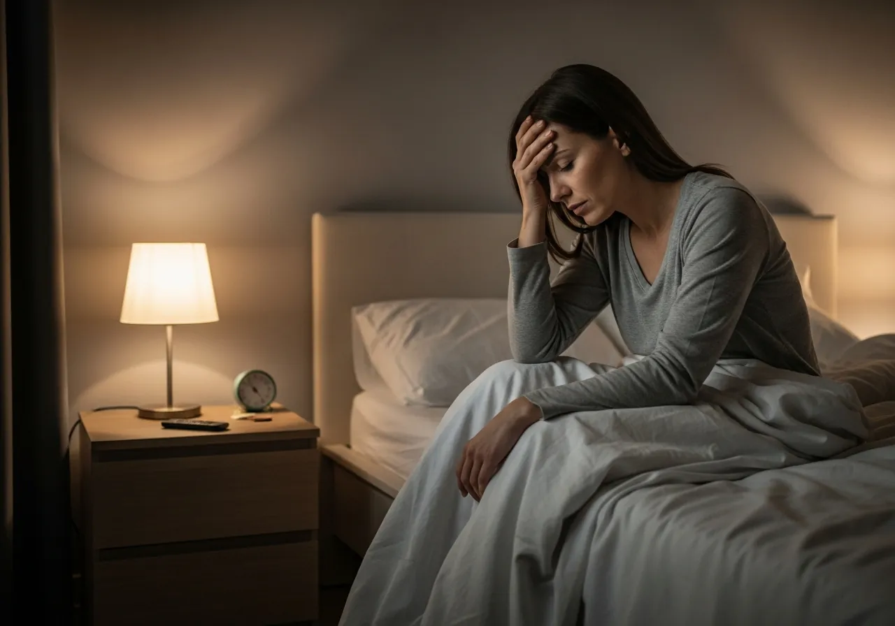A woman in her mid-thirties sitting on the edge of her bed at night, unable to sleep, anxious and worn down, lit by a dim bedside lamp.