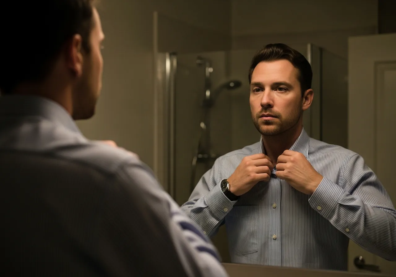 A woman in her early thirties looking at her reflection in a hallway mirror before heading out, hesitant and unsure of herself.