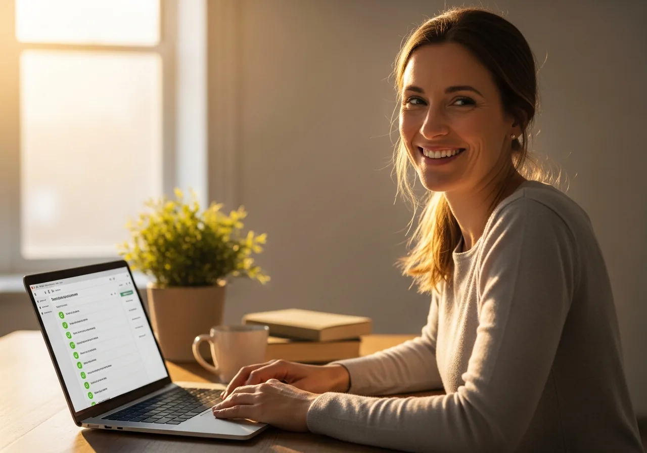 The same woman working at her desk in bright warm morning sunlight, smiling with a sense of renewed energy and accomplishment.