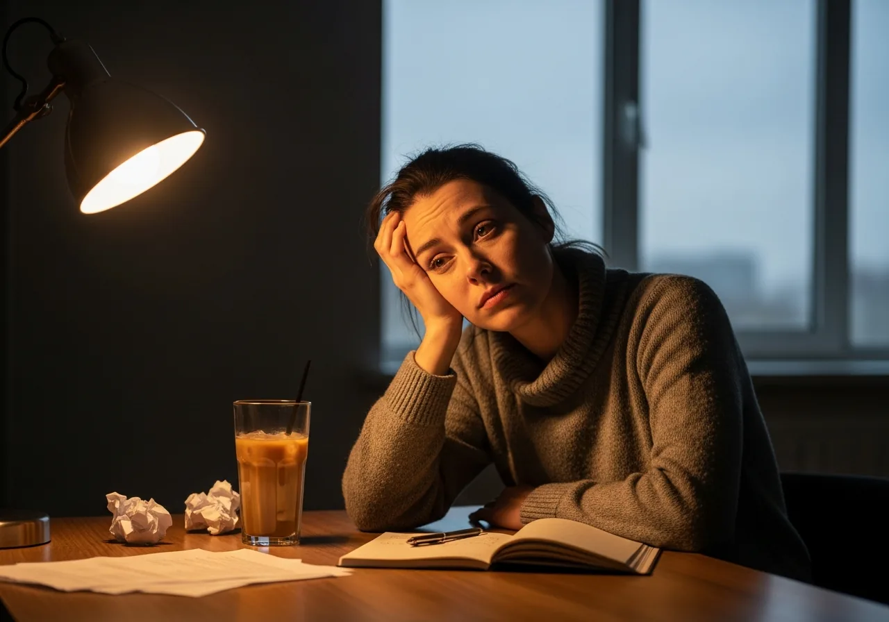 The same woman resting her head on her hand at her desk, a cold cup of coffee and scattered papers beside her, distracted and drained.