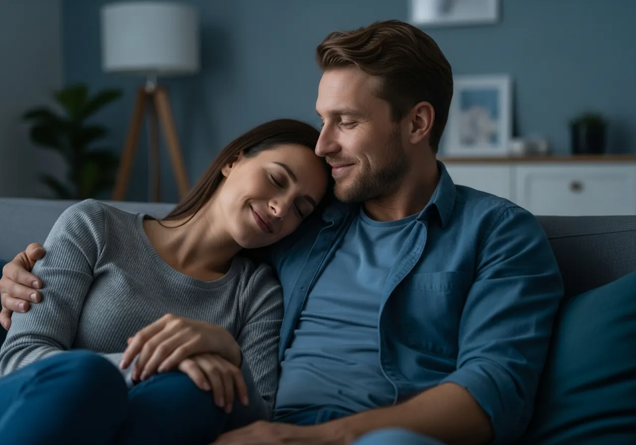 A couple sitting closer together on the sofa, relaxed and reconnected — the quiet relief of rebuilding trust