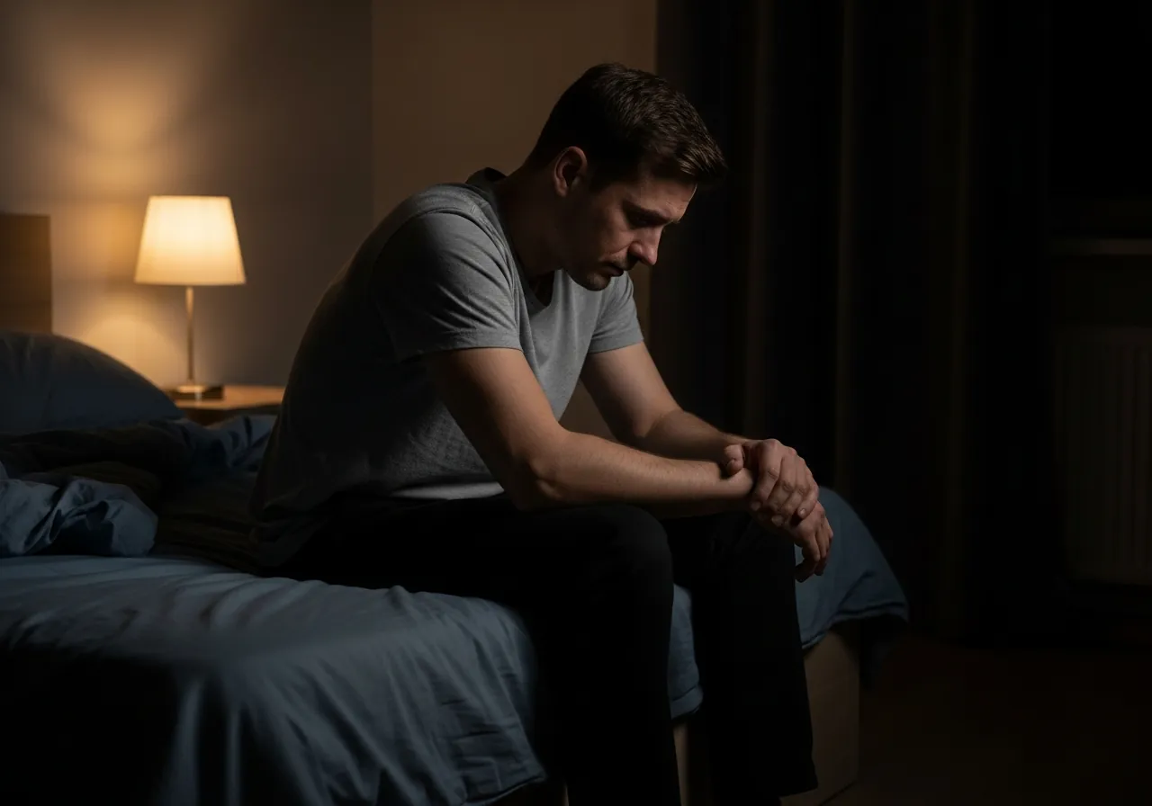 A man sitting quietly at the edge of the bed late at night, weighed down by guilt and secrecy — the private toll cocaine takes on a relationship