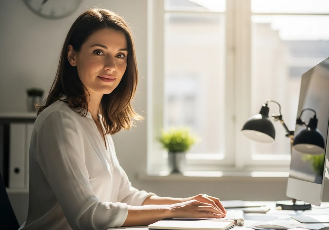 A calm, confident professional woman in her mid-thirties at her desk in a bright office in daylight, clear-headed and back in control of her work and confidence.