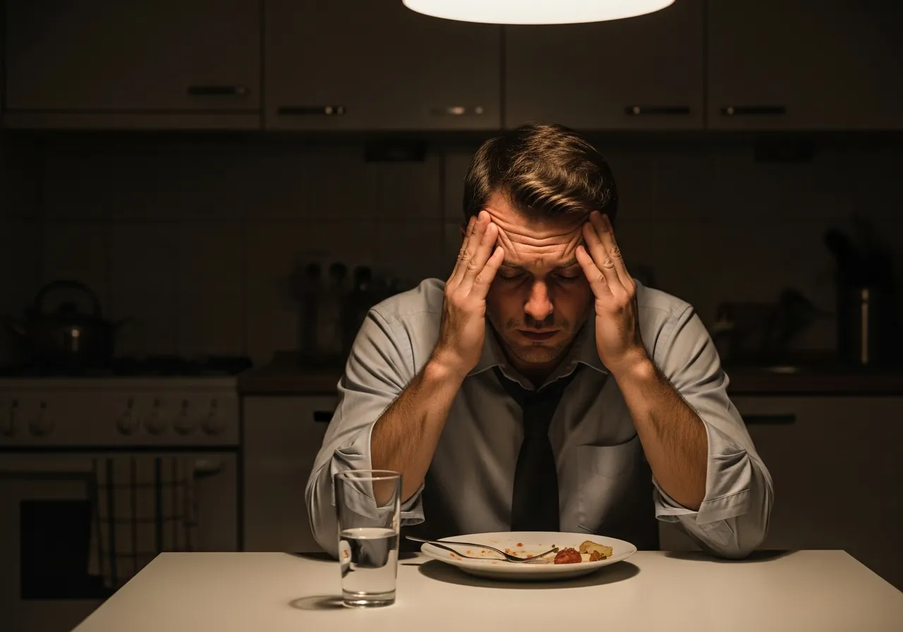 A man in his mid-thirties at home after work, still in work clothes, rubbing his temples as pressure and the urge to use build.