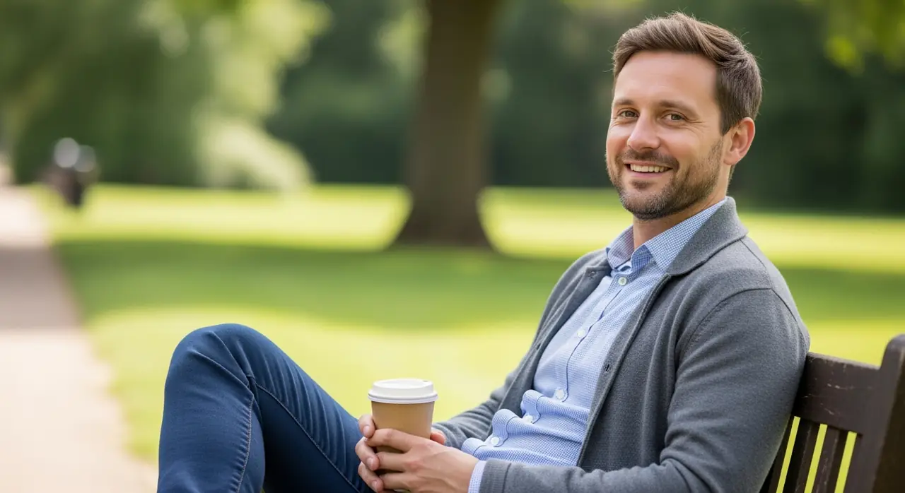 A man relaxing on a park bench near Farnborough on a sunny morning with a coffee, smiling and genuinely content