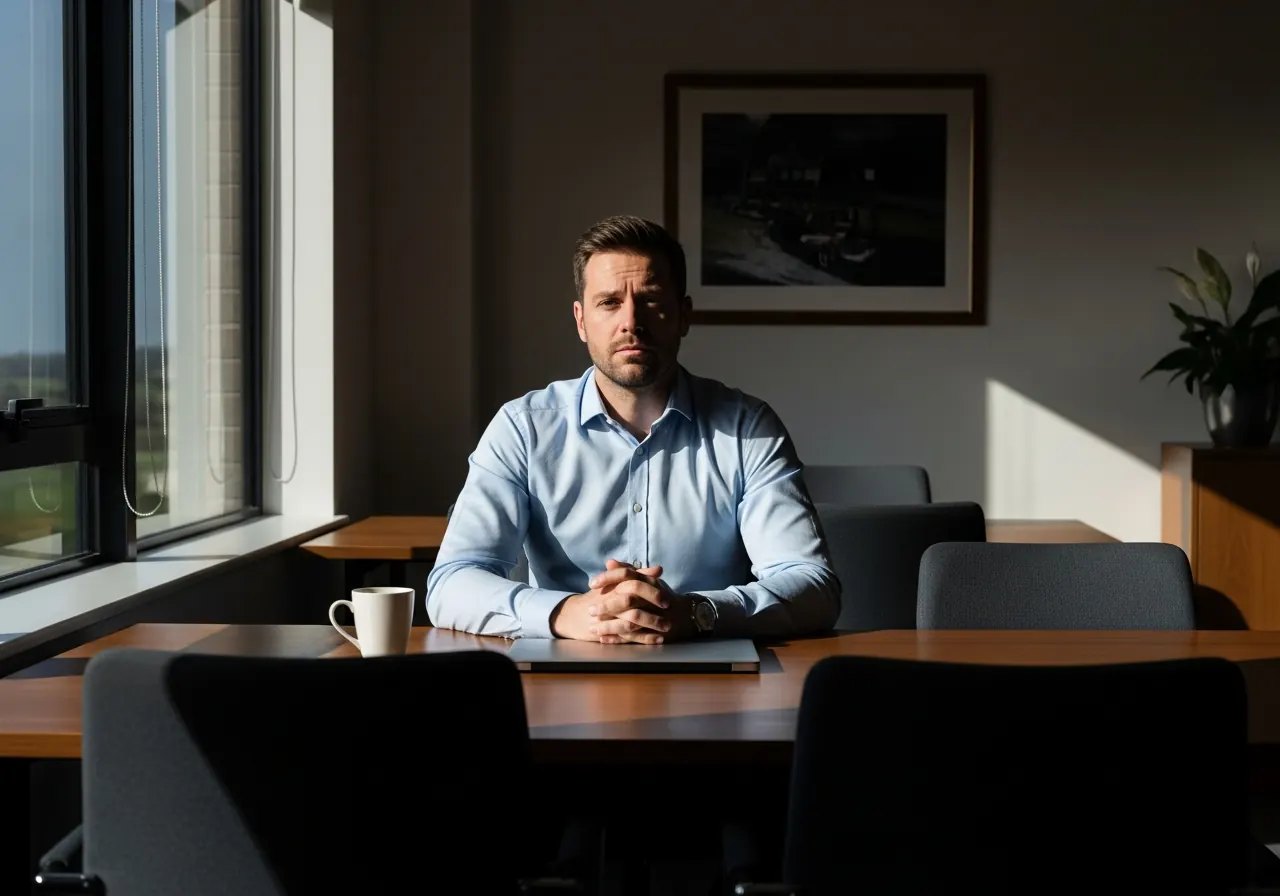 A man sitting alone at a desk early morning in an office near Farnborough, tired and privately overwhelmed despite his dependable, composed appearance