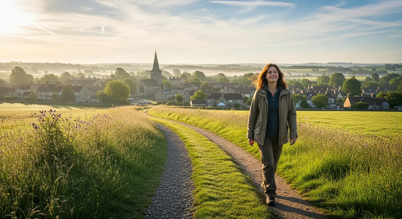 A woman walking confidently along a countryside path near Farnham in soft morning light, relaxed and genuinely free