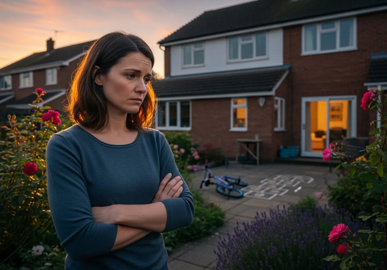 A woman standing alone in her garden at dusk near Farnham, contemplative and burdened despite a settled family life around her