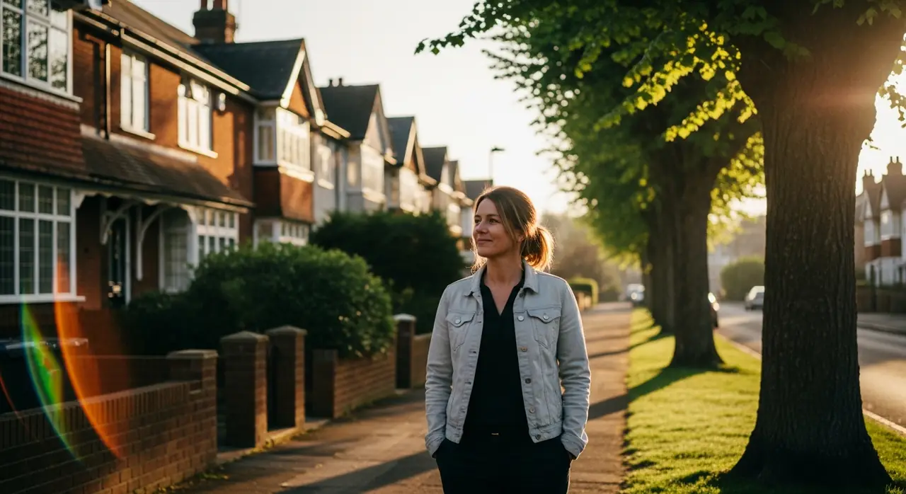 A woman walking calmly through a quiet residential neighbourhood near Fleet in soft morning light, relaxed and genuinely free