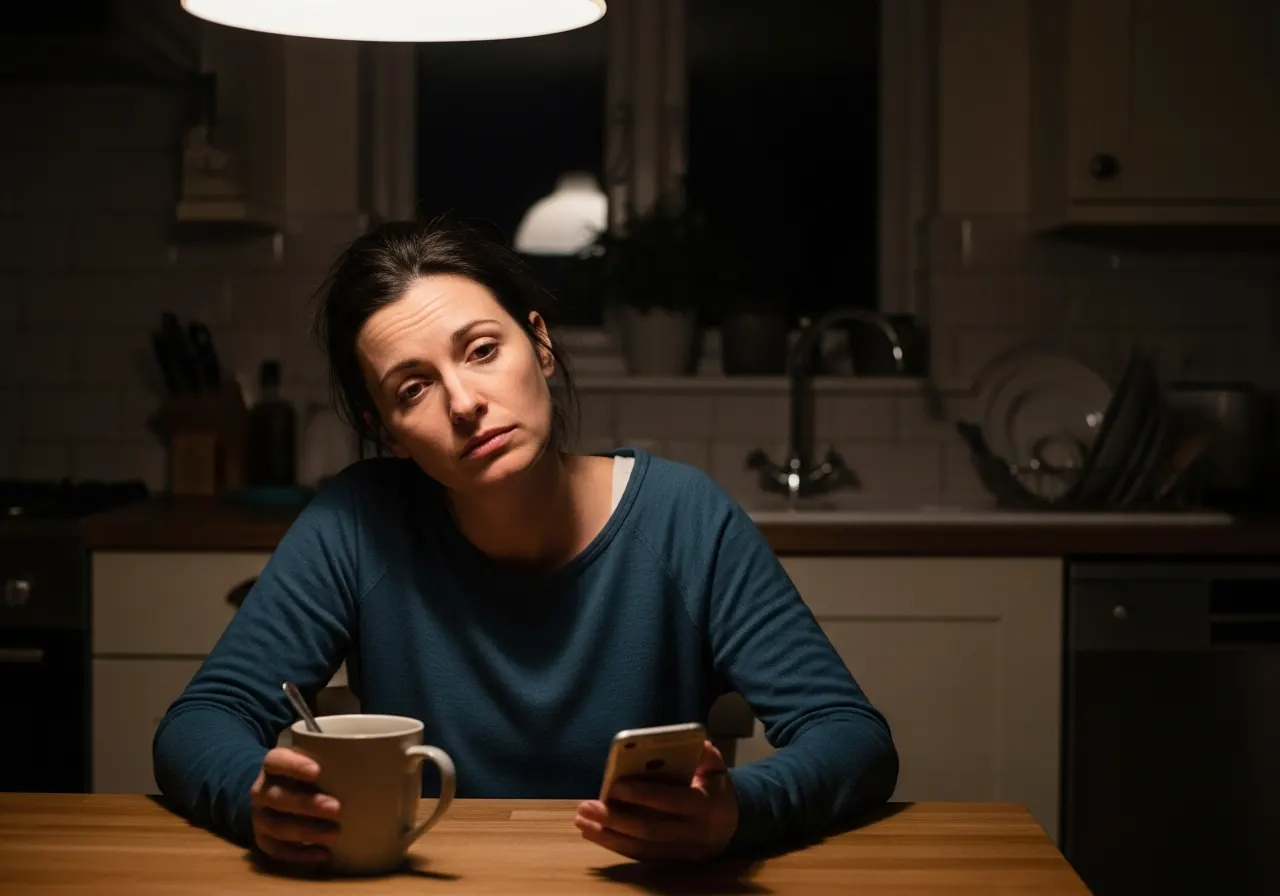 A woman sitting alone at a kitchen table late at night in a family home near Fleet, tired and privately overwhelmed despite keeping everything together