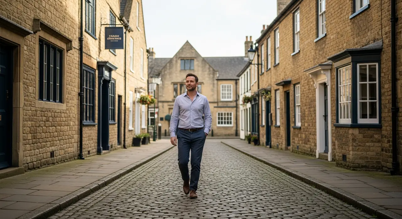 A man walking confidently down a historic cobbled street near Guildford in bright morning light, relaxed and genuinely free