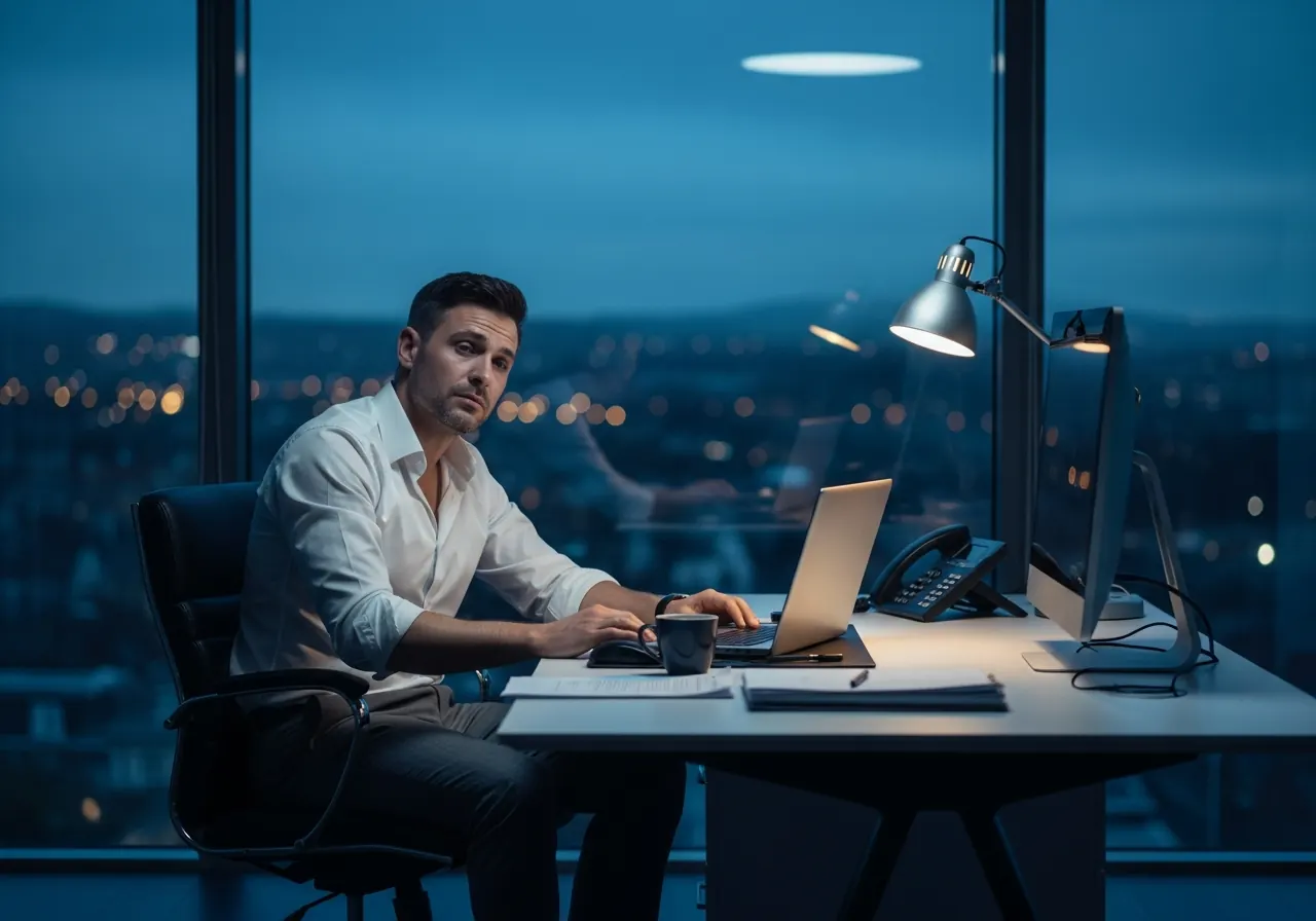 A man sitting alone at a desk in a modern office near Guildford late in the evening, successful but privately overwhelmed
