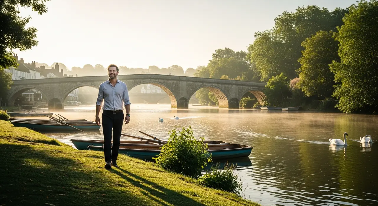 A man walking confidently along the Thames riverside near Henley-on-Thames in soft morning light, relaxed and genuinely at peace