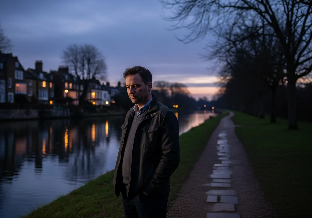 A man standing alone on a quiet riverside path near Henley-on-Thames at dusk, looking burdened and private, established townhouses in soft focus behind him