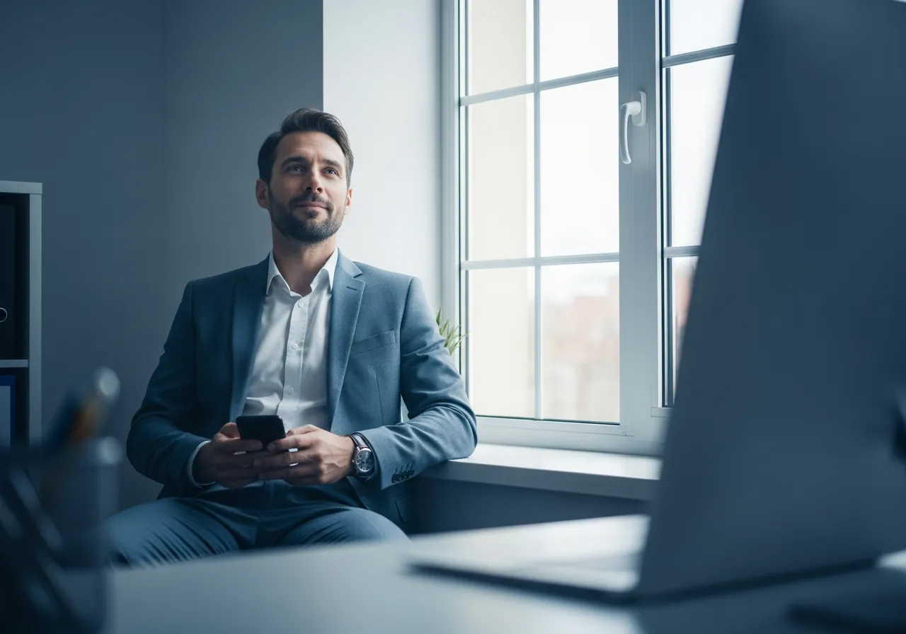 A composed professional sitting calmly by an office window in daylight, phone in hand, quietly relieved after deciding to seek private support