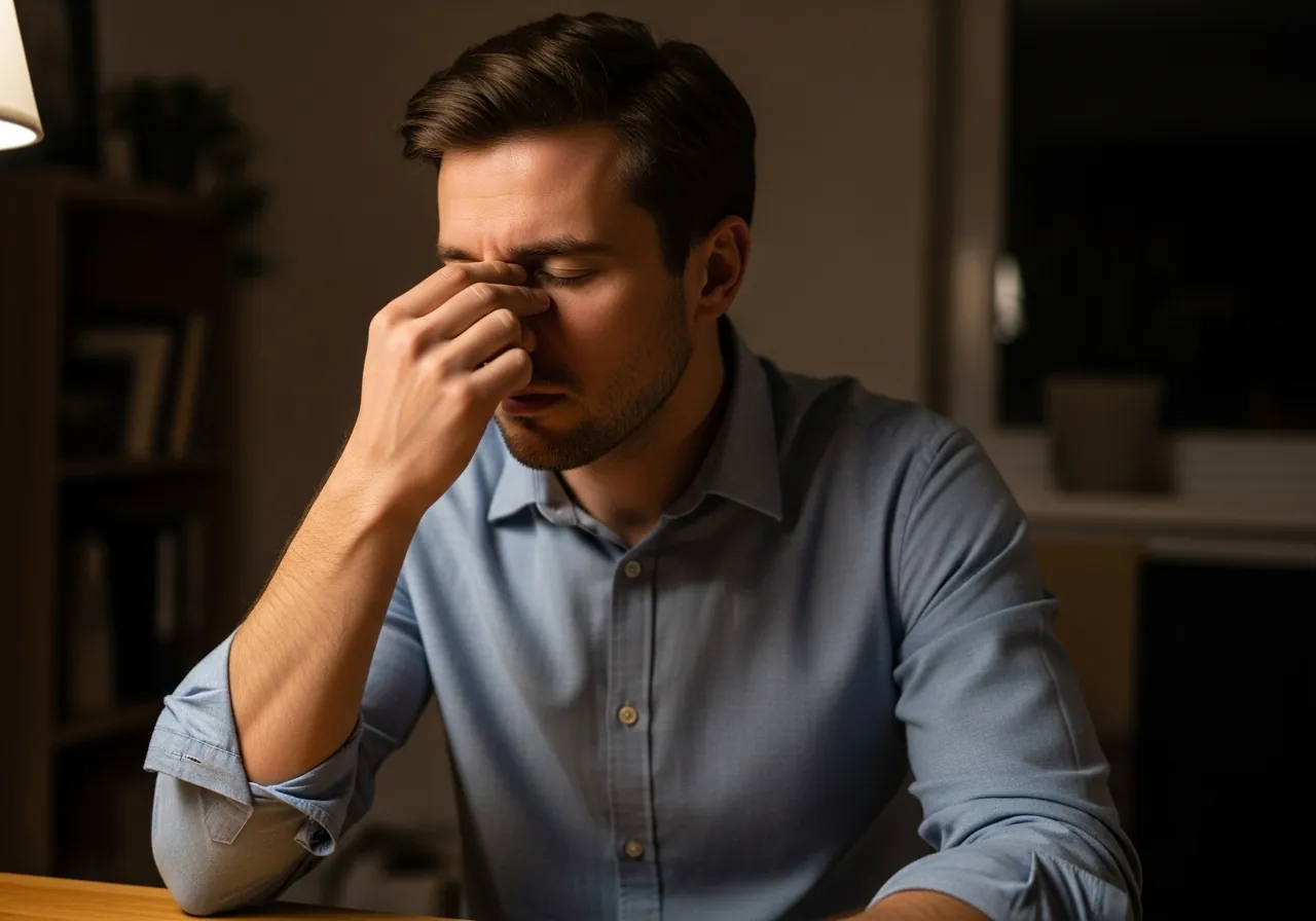 A man in his mid-thirties at home in the evening, pinching the bridge of his nose, exhausted behind a composed and successful exterior