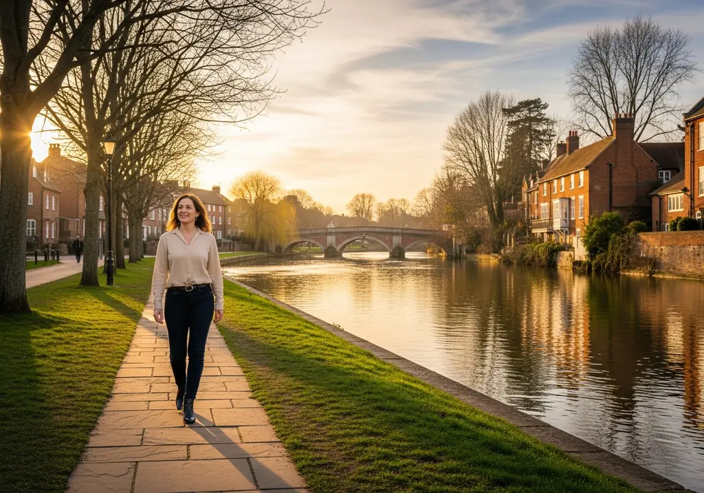 A woman walking calmly along the riverside near Maidenhead, clear-headed and genuinely free