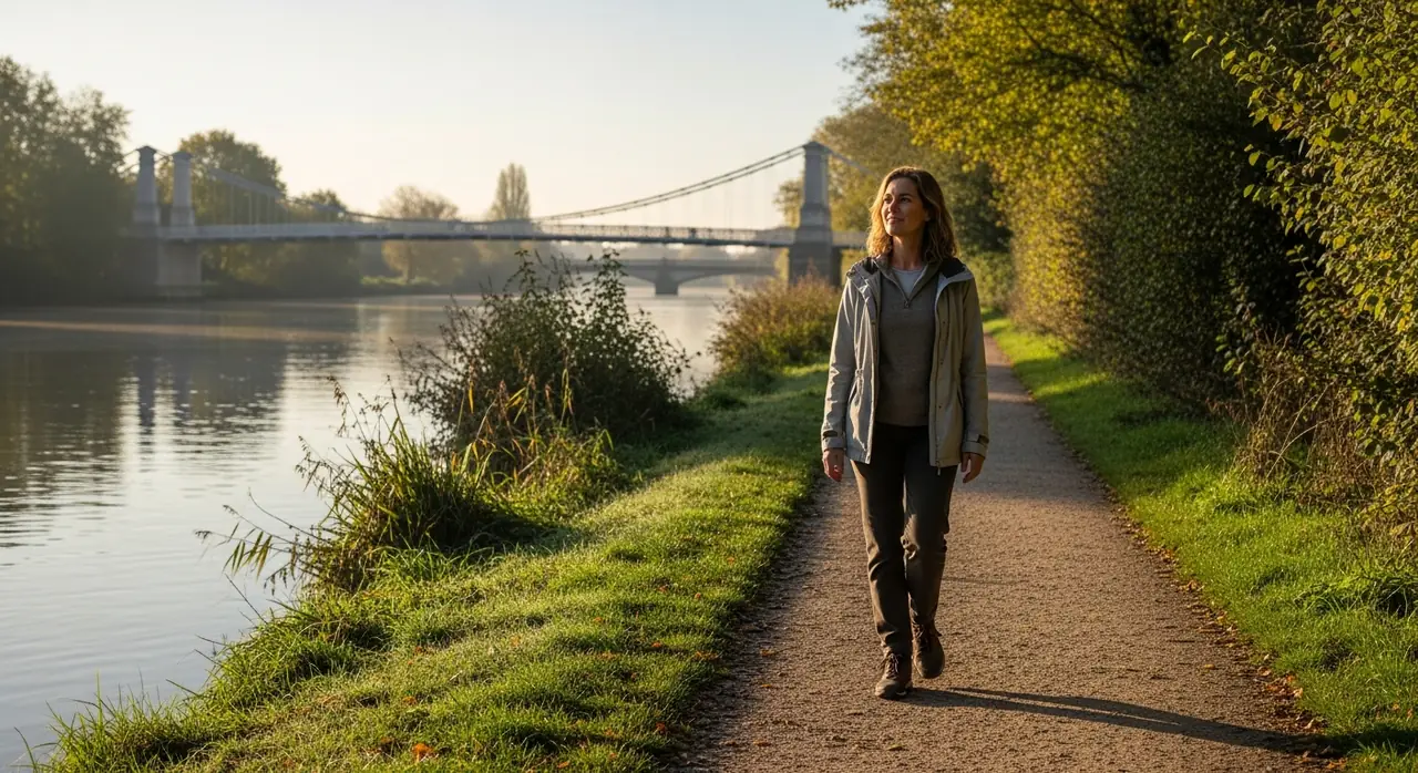 A woman walking confidently along the Thames towpath near Marlow in soft morning light, relaxed and genuinely free