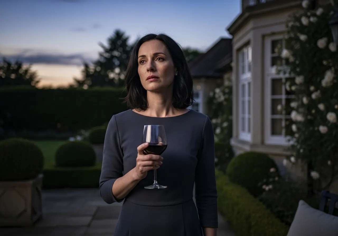 A woman standing alone on a private garden patio near Marlow at dusk, holding a glass of wine she isn't drinking, looking drained despite an affluent home behind her