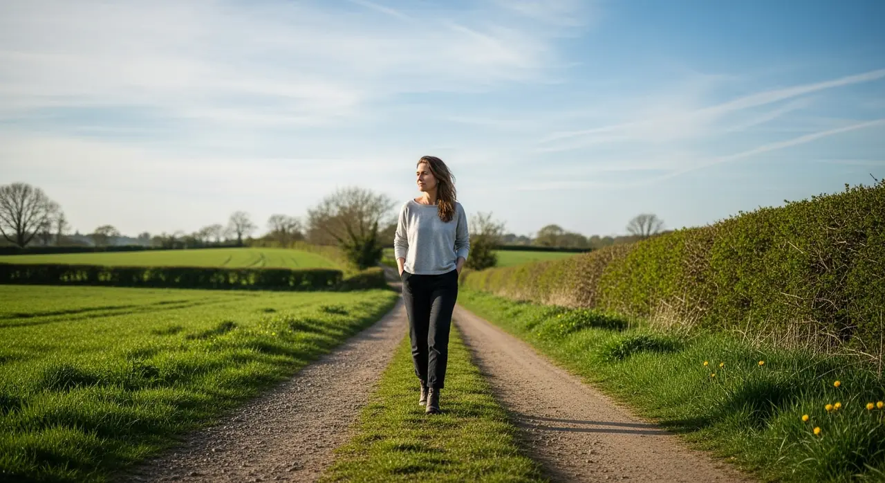 A woman walking calmly along a quiet countryside lane near Newbury, clear-headed and genuinely free