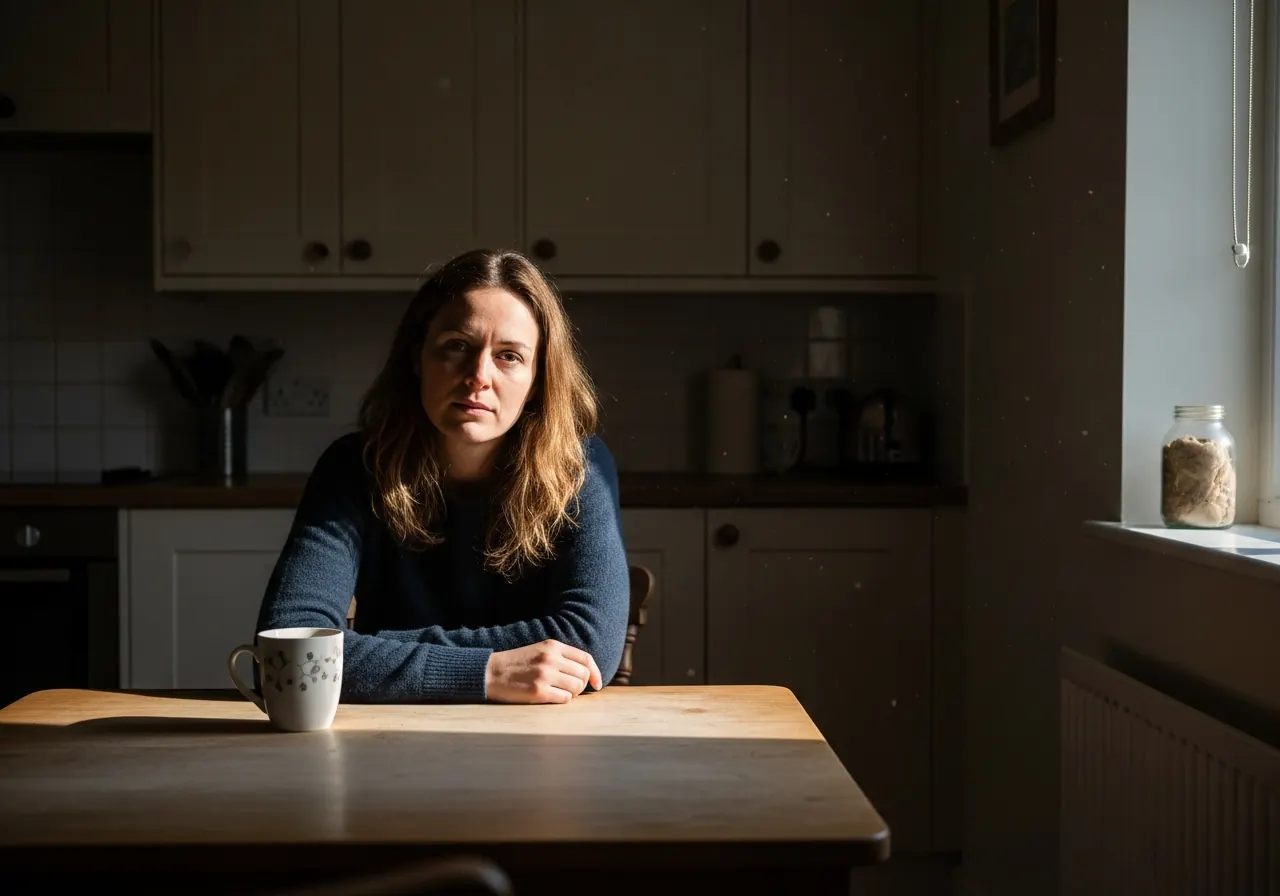 A woman sitting alone at a plain wooden kitchen table early morning in a quiet rural home, tired and privately overwhelmed despite her calm appearance