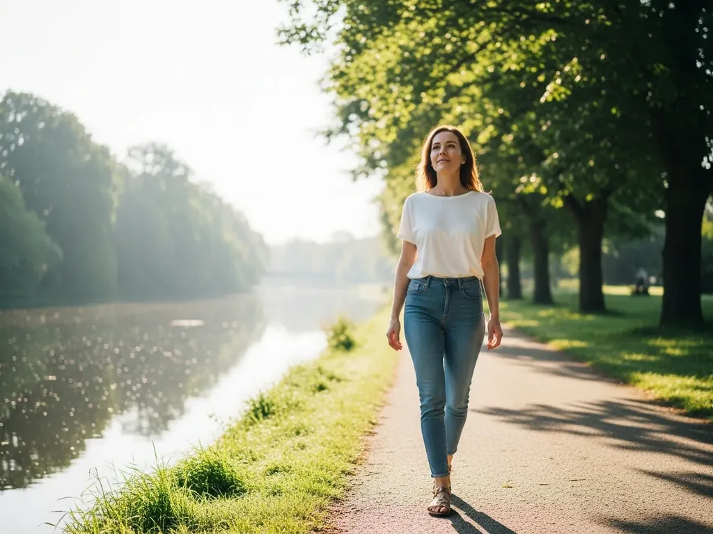 A woman walking outdoors, calm, clear-headed and genuinely free