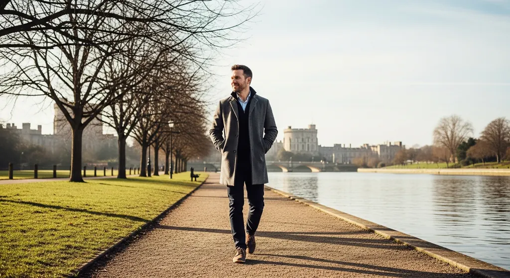A man walking calmly along the riverside near Windsor, clear-headed and genuinely free