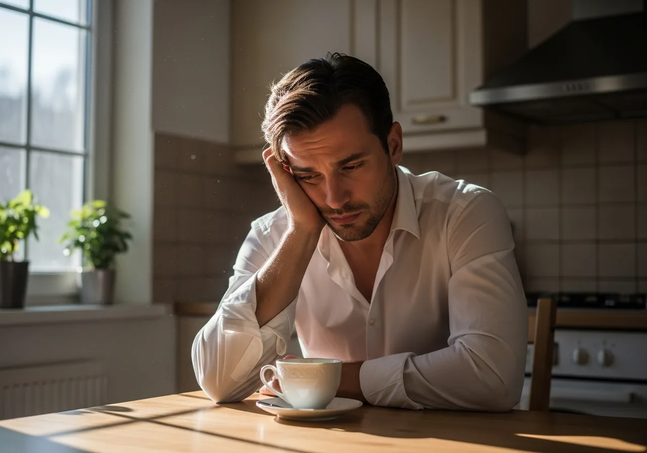 A man sitting alone at his kitchen table the morning after a night out, tired and reflective