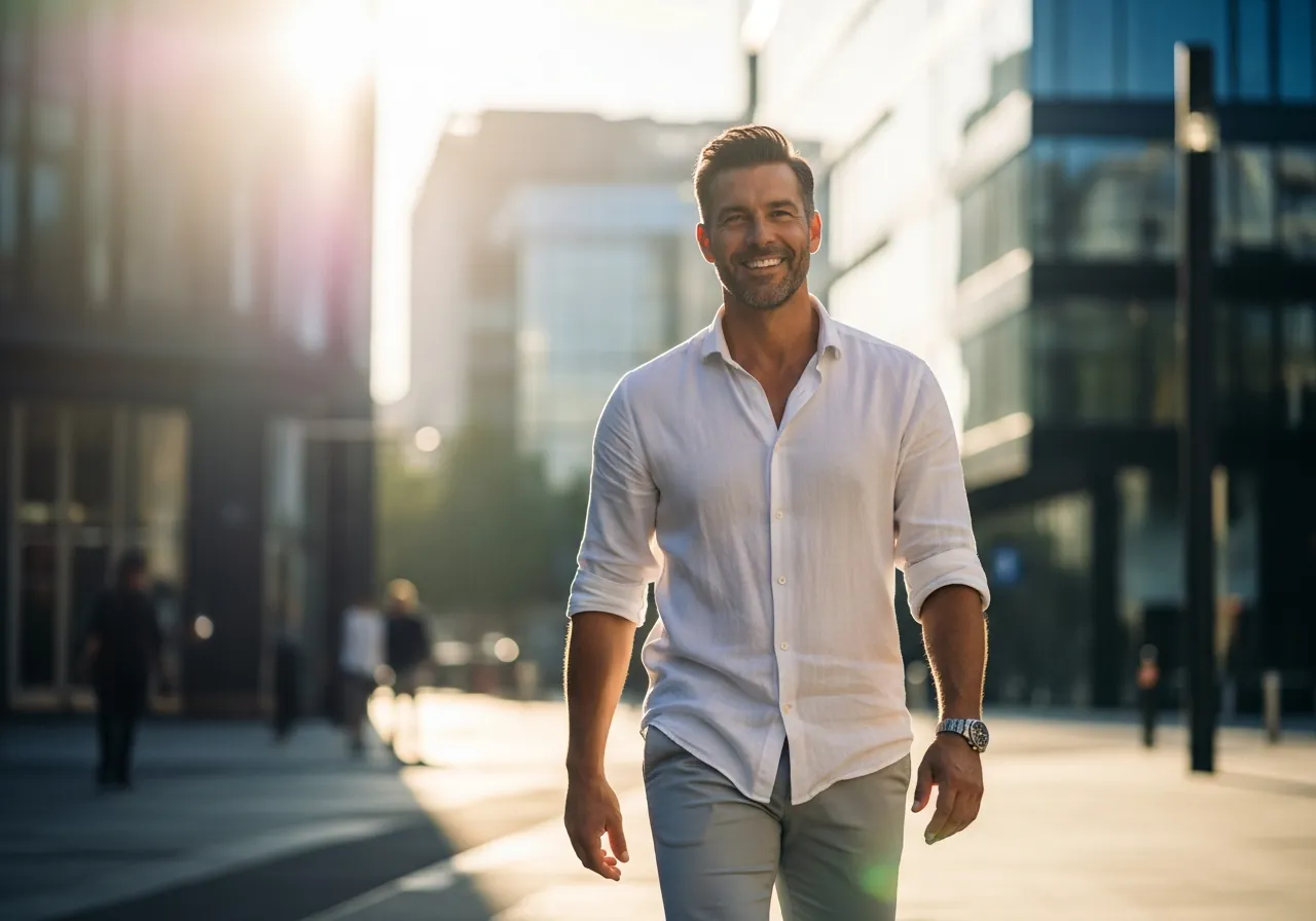 A confident man walking outdoors, symbolising freedom and success after addiction recovery.