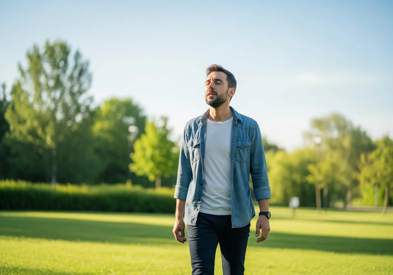 A man walking outdoors in bright morning light, calm and at ease after cocaine recovery.