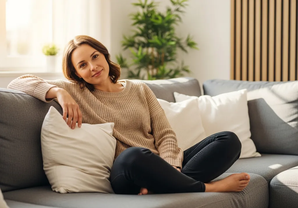 A woman relaxed and at ease on the sofa at home, cravings no longer running the show