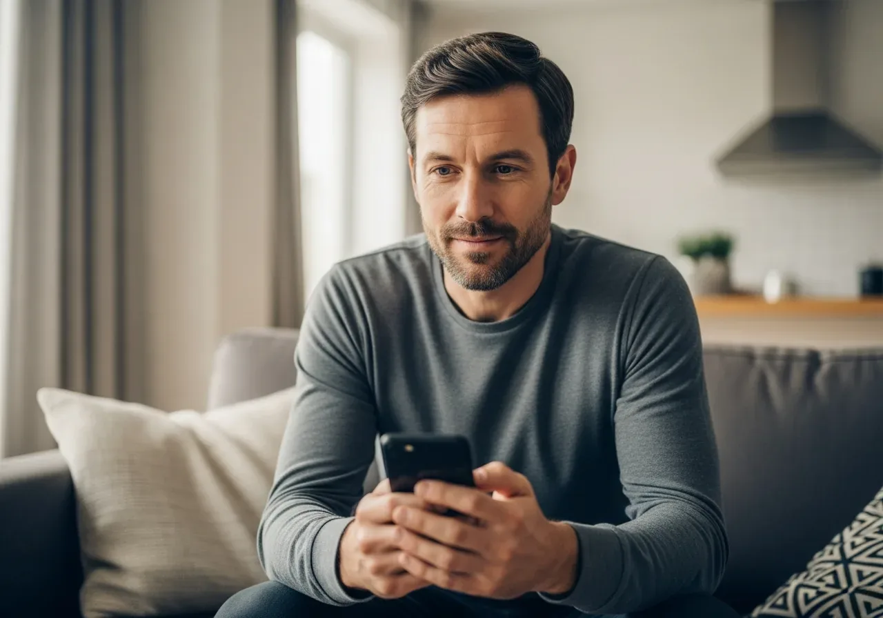 A calm, composed man at home holding his phone, ready to reach out for support