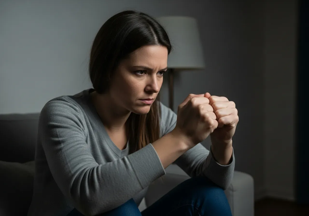A woman in her mid-thirties alone at night, hands clasped tightly, resisting a powerful urge — the difficult moment of fighting a relapse