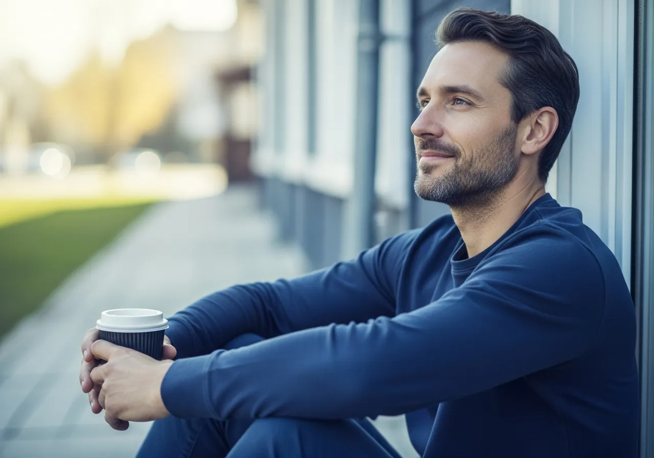 A calm, content man enjoying a bright, free weekend morning outdoors with a coffee, clear-headed and in control