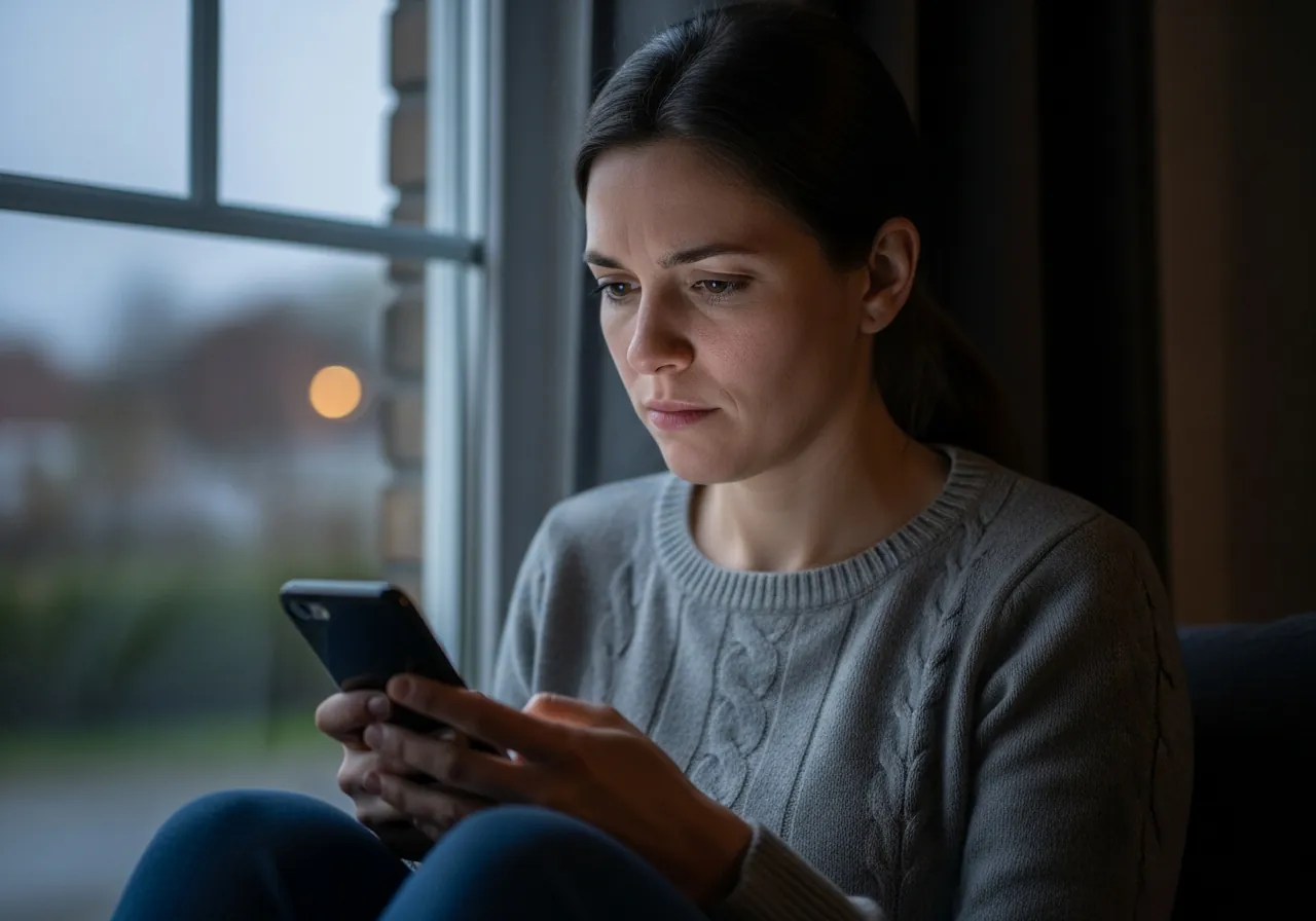 A woman in her mid-thirties by a window on a Friday evening, holding her phone and looking conflicted as the pull of an old weekend habit returns